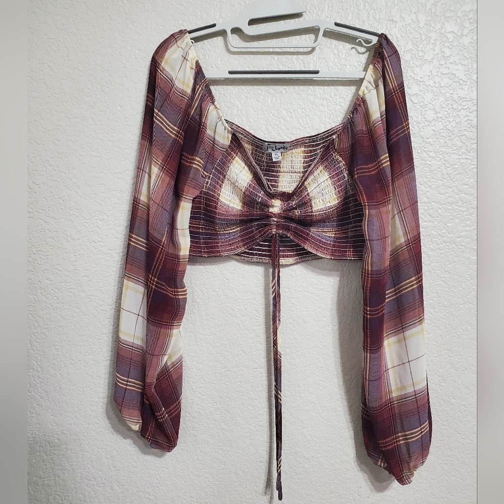 J for Justify Maroon Cream Plaid Long Sleeve Crop Top Juniors Size X-Large NWOT